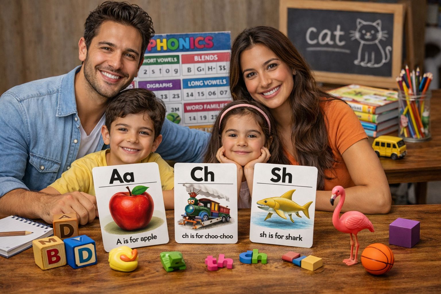 A vibrant collage of letters and phonics illustrations.