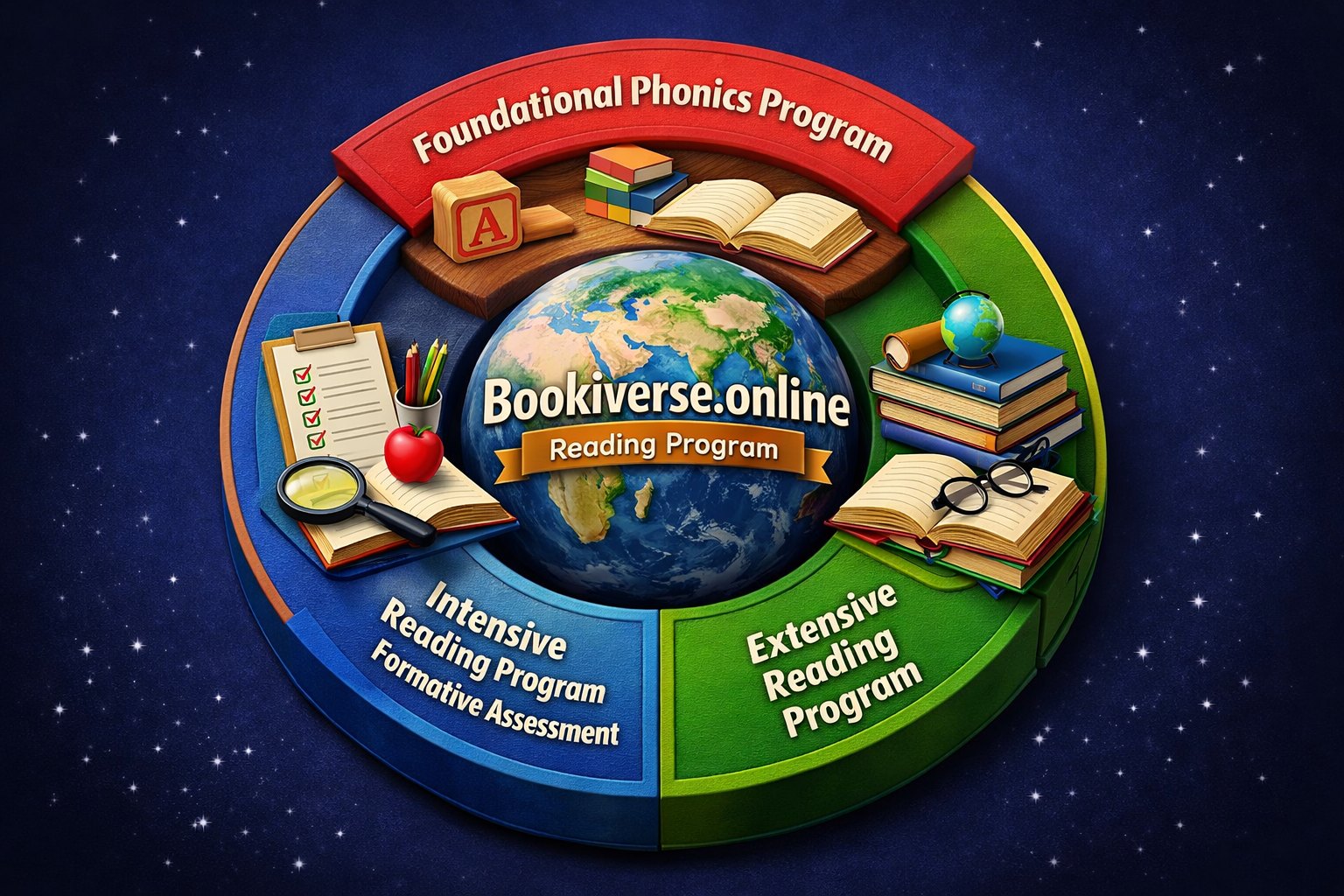 An infographic detailing the three Bookiverse reading programs: Foundational Phonics, Extensive Reading, and Intensive Reading.